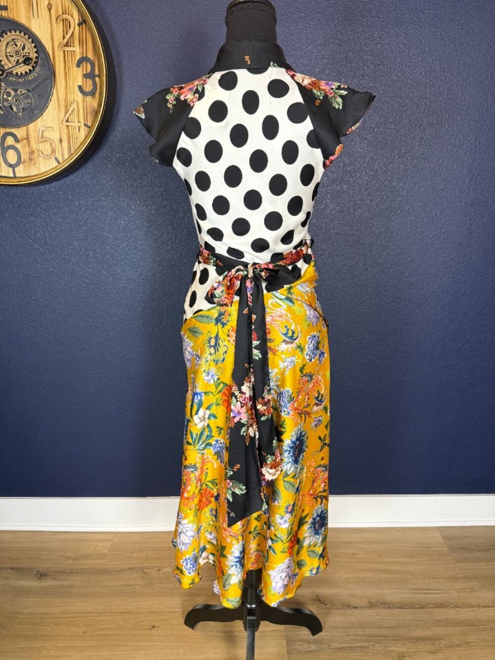 Zara NWT Mixed Print Floral Polka Dot Wrap Midi Dress Yellow Black | Size XS - Picture 6 of 9